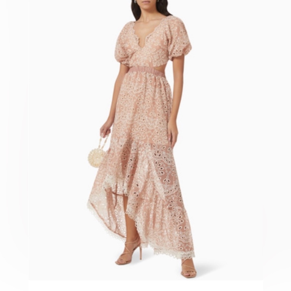 elliatt blush pink lace embroidered puff sleeve high low maxi dress